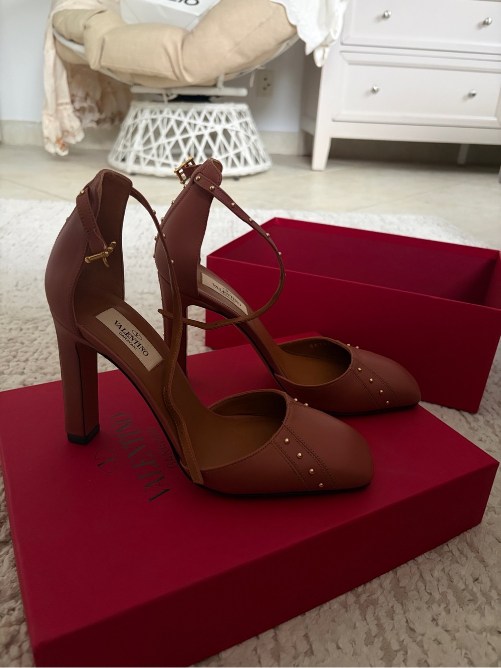 Valentino Brown Leather Studded Ankle-Strap Heels